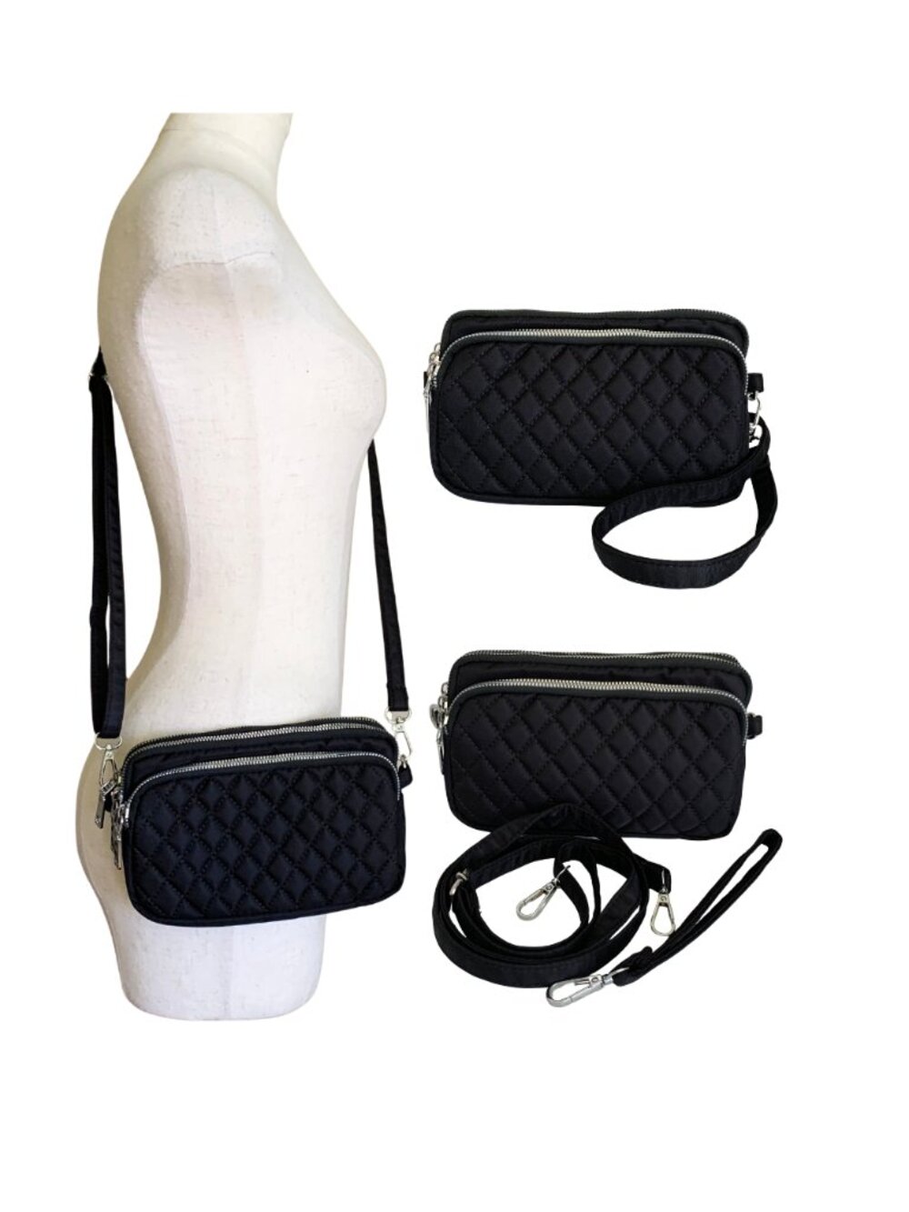 Jielshi Quilted Black Nylon Crossbody Bag Camera Bag Multi Zip Adjustable Strap